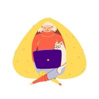 Mädchen arbeitet unter einer Decke zusammen mit einer Hauskatze. eine junge frau in einem kuscheligen pullover, bunten socken sitzt an einem laptop und lächelt. freiberufliches Konzept. Vektorvorratillustration. vektor