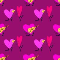 sömlösa rosa mönster med tecknade hjärtan. en älskare spelar en gul gitarr bredvid en hjärtformad karaktär gör ett frieri. vektor stock illustration i rosa färger.