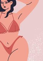 tryck av en tecknad kvinna i underkläder. vektor illustration av en kvinnlig plus size figur i underkläder, bikini. feminin affisch av kvinnlig kropp närbild.