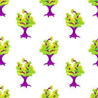 Nahtloses Muster mit magischen Pilzen auf weißem Hintergrund. fantastisches Pilzmuster aus violetten Stielen und grünen mehrstöckigen Hüten. vektorillustration unwirklicher mystischer, außerirdischer pflanzen. vektor