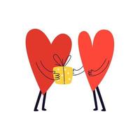 st. Valentinstag. Ein Cartoon-Herz schenkt einem Freund ein Herz. Ein verliebtes Paar tauscht seine Geschenke aus. Vektorvorratillustration, lokalisiert auf weißem Hintergrund. vektor