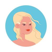 Karikaturblondine auf einem blauen Kreishintergrund. eine weibliche Figur mit roten Lippen und sich entwickelndem welligem Haar mit einer Haarspange. vektorabbildung einer jungen frau zu den schultern auf einem weißen hintergrund. vektor