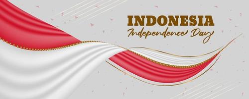 Indonesiens självständighetsdag bakgrund vit färg med gyllene färg band och 3d flaggan viftande design vektor