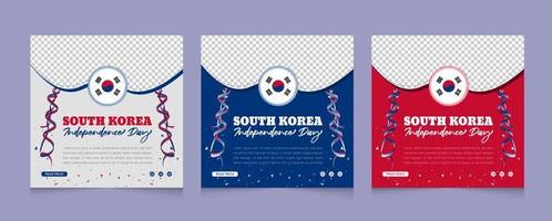 Sydkoreas självständighetsfirande inläggsbanner i sociala medier med 3d-flaggviftande design vektor