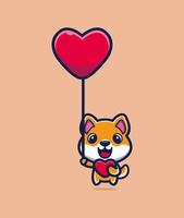 niedlicher shiba inu hund, der die liebe hält, die mit ballonliebeskarikatur-vektorillustration schwimmt vektor