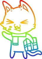 Regenbogen-Gradientenlinie Zeichnung Cartoon zischende Katze mit Weihnachtsgeschenk vektor