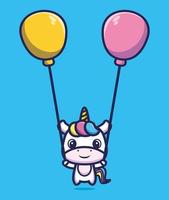 süßes einhorn, das mit ballonkarikatur-vektorillustration schwimmt vektor