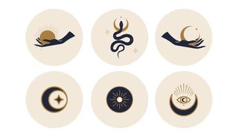 heilige Ikonen, die Mond, Sonne und Schlangen im Kreis darstellen. Vektor-Illustration. satz von symbolen und emblemen für social-media-nachrichten-cover. Designvorlagen für ein Yogastudio und einen Astrologen-Blogger