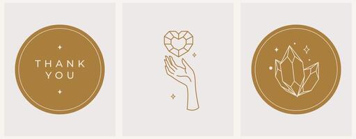 en uppsättning kvinnliga handlogotyper i en minimal linjär stil. mystisk logotyp mall av solkristaller och månen vektor
