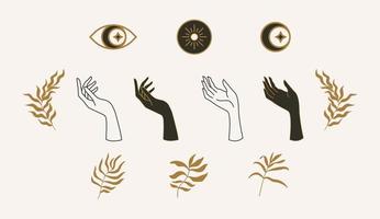 en uppsättning mallar för logotyper i en minimal linjär stil. mystisk uppsättning av sol, löv, händer, öga, måne och stjärna. vektor