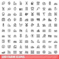 100 Farm-Icons gesetzt, Umrissstil vektor