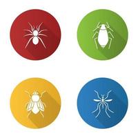 Insekten flaches Design lange Schatten-Glyphen-Symbole gesetzt. Spinne, Blattlaus, Stubenfliege, Mücke. Vektor-Silhouette-Illustration vektor