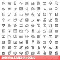 100 massmedia ikoner set, kontur stil vektor