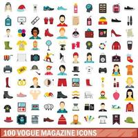 100 Vogue-Magazin-Icons gesetzt, flacher Stil vektor