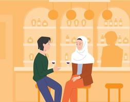 Zwei Freunde trinken Wein in einer Bar und unterhalten sich. Eine Frau trägt einen Hijab. vektor