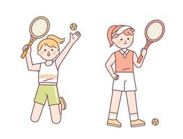 süße Mädchen spielen Tennis. ein Mädchen mit einem Tennisaufschlag und ein Mädchen mit einem Tennisschläger. vektor