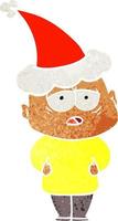 retro-karikatur eines müden glatzköpfigen mannes mit weihnachtsmütze vektor