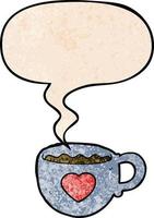 Ich liebe Kaffee-Cartoon-Tasse und Sprechblase im Retro-Textur-Stil vektor