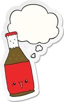 Cartoon-Bierflasche und Gedankenblase als bedruckter Aufkleber vektor