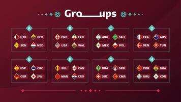 World Football 2022 Gruppen und Flaggen gesetzt. Flaggen der Länder, die an der Weltmeisterschaft 2022 teilnehmen. Vektor-Illustration vektor