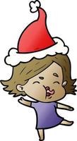 Farbverlauf-Karikatur eines Mädchens, das Gesicht mit Weihnachtsmütze zieht vektor