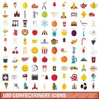 100 konfektyr ikoner set, platt stil vektor