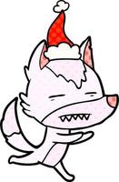 Comic-Stil-Illustration eines Wolfs, der Zähne mit Weihnachtsmütze zeigt
