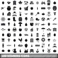 100 vitaminer ikoner set, enkel stil vektor