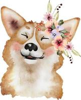 fröhlicher corgi-welpe mit einem blumenstrauß, aquarellillustration. vektor