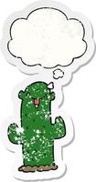 Cartoon-Kaktus und Gedankenblase als beunruhigter, abgenutzter Aufkleber vektor