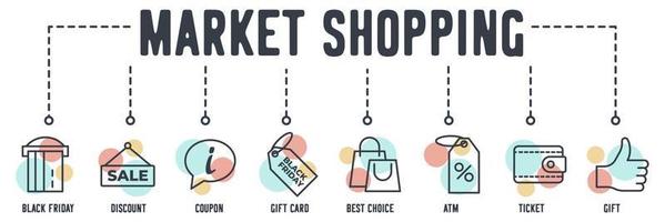 Markt-Einkaufszentrum-Banner-Web-Symbol. brieftasche, schwarzer freitag, rabatt, gutschein, geschenkkarte, beste wahl, atm, ticket, geschenkvektorillustrationskonzept. vektor