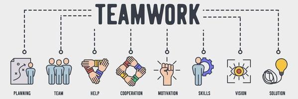 Teamwork-Web-Symbol. Planung, Team, Hilfe, Zusammenarbeit, Motivation, Fähigkeiten, Vision, Lösungsvektorillustrationskonzept. vektor