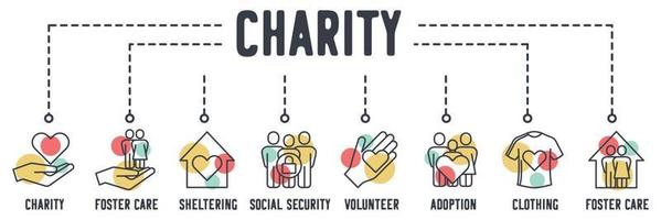 välgörenhet webbikon. välgörenhet, fosterhem, skydd, social trygghet, volontär, adoption, kläder donation vektor illustration koncept.