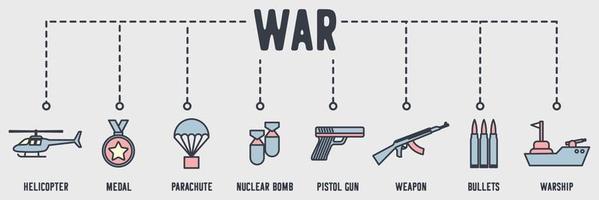 Satz von Armee-Banner-Web-Symbol. Hubschrauber, Medaille, Fallschirm, Atombombe, Pistolengewehr, Waffe, Kugelvektorillustrationskonzept. vektor