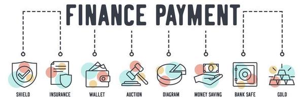 Web-Symbol für Finanzzahlungen. schild, versicherung, brieftasche, versteigerung, diagramm, geldeinsparung, banksafe, goldvektorillustrationskonzept. vektor