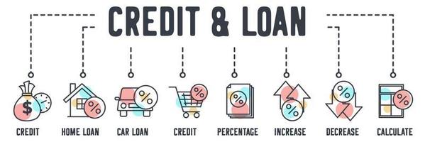 kredit och lån webbikon. kredit, bostadslån, billån, konsumentkredit, procentsats, ökning, minskning, beräkna ränta vektor illustration koncept.