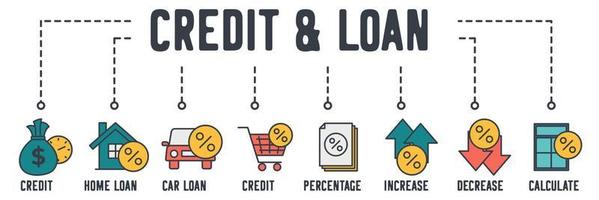 kredit och lån webbikon. kredit, bostadslån, billån, konsumentkredit, procentsats, ökning, minskning, beräkna ränta vektor illustration koncept.