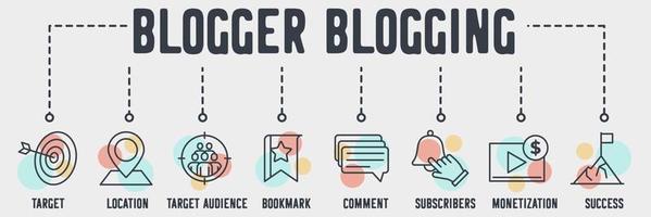 Blogger, Blogging-Web-Symbol. ziel, standort, zielpublikum, lesezeichen, kommentar, abonnenten, monetarisierung, erfolgsvektorillustrationskonzept. vektor