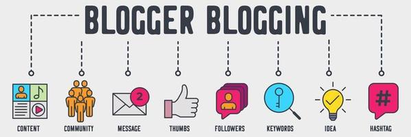 blogging banner web ikon. innehåll, gemenskap, meddelande, tummar, följare, nyckelord, idé, hashtag vektor illustration koncept.