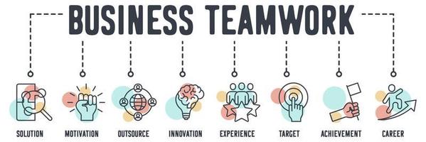 Business-Teamwork-Banner-Web-Symbol. lösung, motivation, auslagern, innovation, erfahrung, ziel, leistung, karriere, vektorillustrationskonzept. vektor