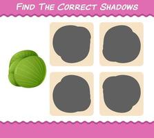 Finden Sie die richtigen Schatten von Cartoon-Grünkohl. Such- und Zuordnungsspiel. Lernspiel für Kinder und Kleinkinder im Vorschulalter vektor