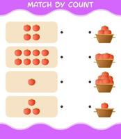 Übereinstimmung durch Anzahl der Cartoon-Tomaten. Match-and-Count-Spiel. Lernspiel für Kinder und Kleinkinder im Vorschulalter vektor