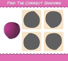 Finden Sie die richtigen Schatten von Cartoon-Rotkohl. Such- und Zuordnungsspiel. Lernspiel für Kinder und Kleinkinder im Vorschulalter vektor