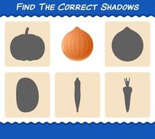 Finden Sie die richtigen Schatten der Cartoon-Zwiebel. Such- und Zuordnungsspiel. Lernspiel für Kinder und Kleinkinder im Vorschulalter vektor