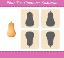 Finden Sie die richtigen Schatten von Cartoon-Butternut-Kürbis. Such- und Zuordnungsspiel. Lernspiel für Kinder und Kleinkinder im Vorschulalter vektor