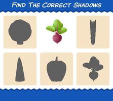 Finden Sie die richtigen Schatten von Cartoon-Rüben. Such- und Zuordnungsspiel. Lernspiel für Kinder und Kleinkinder im Vorschulalter vektor