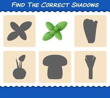 Finden Sie die richtigen Schatten des Cartoon-Minzblattes. Such- und Zuordnungsspiel. Lernspiel für Kinder und Kleinkinder im Vorschulalter vektor