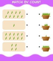 Übereinstimmung durch Zählung der grünen Chilischoten der Karikatur. Match-and-Count-Spiel. Lernspiel für Kinder und Kleinkinder im Vorschulalter vektor