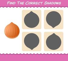 Finden Sie die richtigen Schatten der Cartoon-Zwiebel. Such- und Zuordnungsspiel. Lernspiel für Kinder und Kleinkinder im Vorschulalter vektor