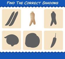 Finden Sie die richtigen Schatten von Cartoon-Ginseng. Such- und Zuordnungsspiel. Lernspiel für Kinder und Kleinkinder im Vorschulalter vektor